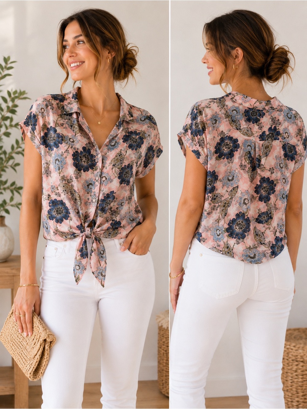 Lavender Brown 100% Silk Floral Tie-Front Blouse Women’s Size L